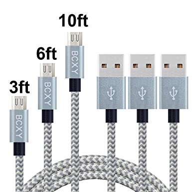 BCXY 3pcs 3ft/6ft/10ft Micro USB Cable Extra Long Nylon Braided Android Cable Samsung Charging Cord for GalaxyS7 S6/S5,HTC,LG,Tablet,Micro Android Devices (Gray Silver)