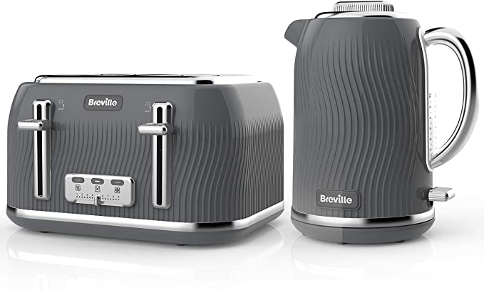 Breville Flow Kettle & Toaster Set with 4 Slice Toaster & Electric Kettle (3 KW Fast Boil), Grey