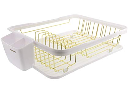 Cuisinart Wire Dish Drying Rack with Drain Board, Set includes Wire Dish Drying Rack, Utensil Caddy, and Detachable Dish Draining Board, 19” x 12.75” x 4.25”- White/Gold Wire