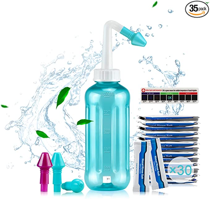 Neti Pot,Sinus Rinse Bottle 300ml Nasal Rinse Kit Nose Washing Cleaner Nasal Irrigation System for Adult & Kid Nasal Care with 30 Nasal Wash Salt Packets and Temperature Sticker BPA Free