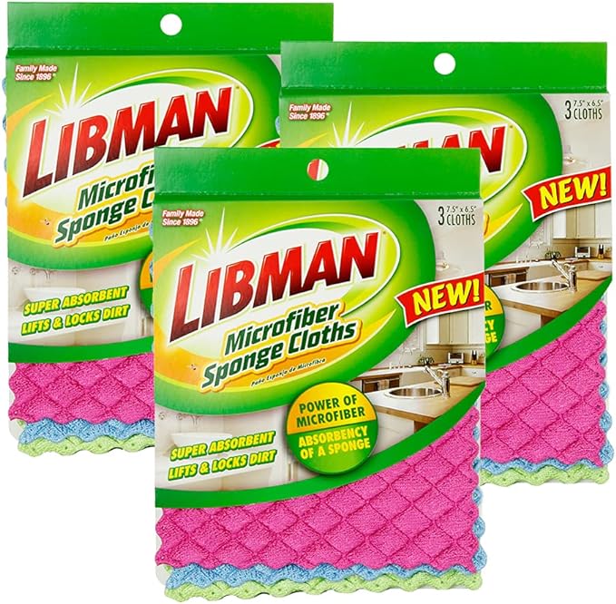 Libman 1482 Microfiber Sponge Cloths – Combines The Best of a Sponge and Dish Cloth, Includes 3 Packs of 3 Sponge Cloths (9 Total Sponge Cloths), Pink, Blue and Green