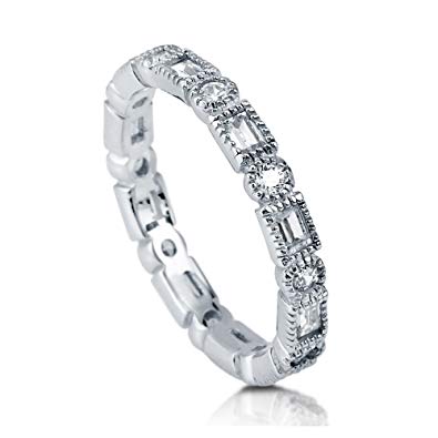 BERRICLE Rhodium Plated Sterling Silver Cubic Zirconia CZ Art Deco Anniversary Wedding Eternity Band Ring
