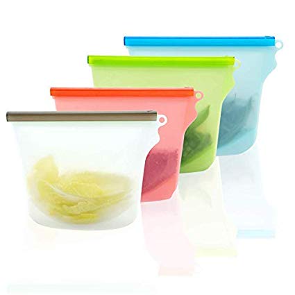 Reusable Silicone Food Storage Bags,Airtight Zip Seal Containers, Baby Food Prep or Sous Vide Sandwich, Snack, Lunch, Fruit, preserving and cooking set of 4