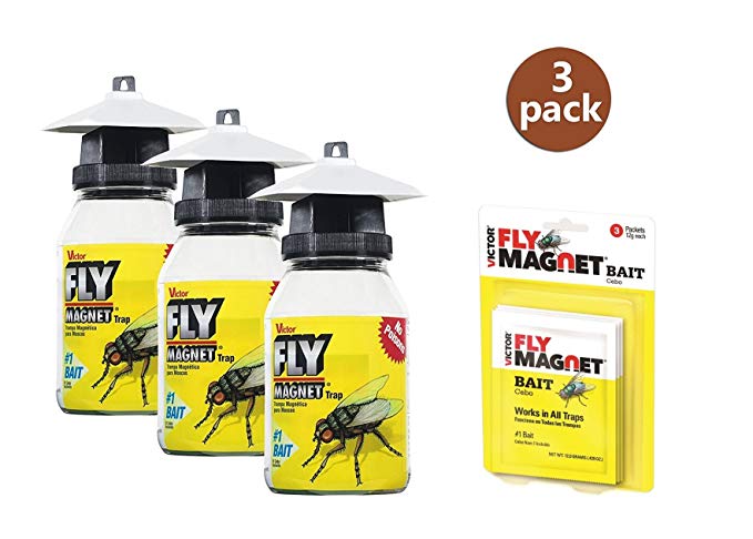 Victor M380 Fly Magnet 1-Quart Reusable Trap With Bait, 3 Pack and 3 Extra Fly Magnet Bait Packs