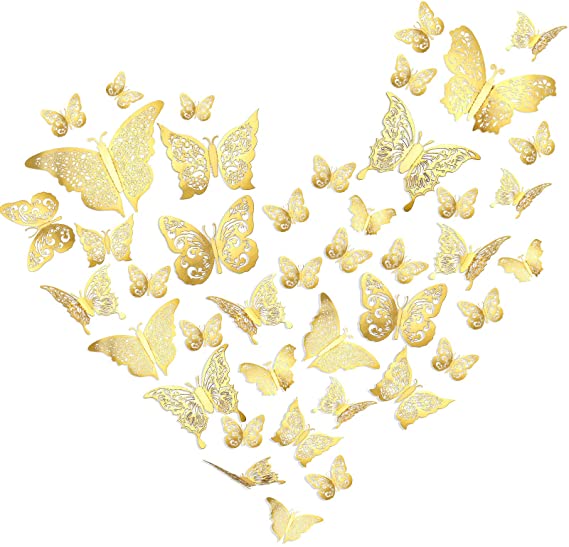 60 Pieces 3D Butterfly Wall Decals Sticker Butterfly Decals Removable Butterfly Decorations Sticker DIY Butterfly Metallic Wall Stickers in 5 Styles for Home Nursery(Gold)