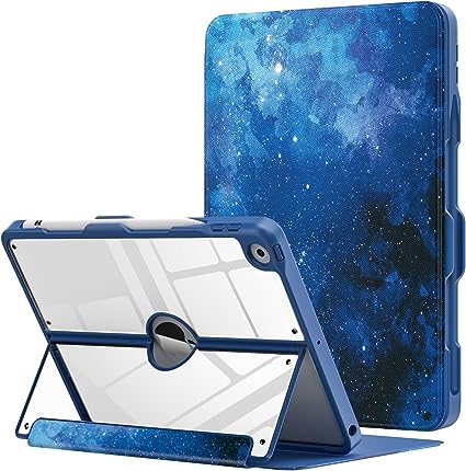 MoKo Case for iPad 9th Generation with Pencil Holder, iPad 8th/7th Gen Case 10.2-inch, Built-in Screen Protector Clear Back, Stain Resistant Multi Angle Viewing Stand, Auto Wake/Sleep, Blue Starry Sky