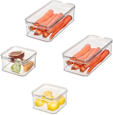 The Spruce by iDesign 4-Piece Plastic Refrigerator Organizer Bin Set with Lids, Clear/White