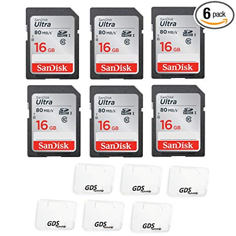 6x Genuine SanDisk Ultra 16GB Class 10 SDHC Flash Memory Card Up To 80MB/s Memory Card (SDSDUNC-016G-GN6IN) with slim memory card case (6pcs)