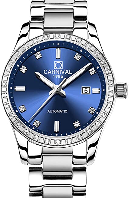 Women's Diamond Automatic Mechanical Rose Gold Stainless Steel Sapphire Waterproof Lady's Elegant Blue Watch