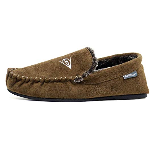 Mens Famous Dunlop GEORGE Moccasin Loafers Faux Sheepskin Fur Slippers with Rubber Sole