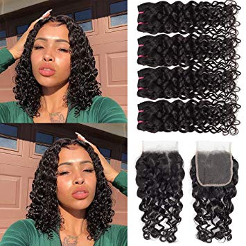 Brazilian Water Wave Bundles With Closure Unprocessed Short Bob Curly Hair Bundles With Closure 100% Virgin Human Hair 4 Bundles With Closure Free Part Natural Black Color 10 10 10 10+10 Inch