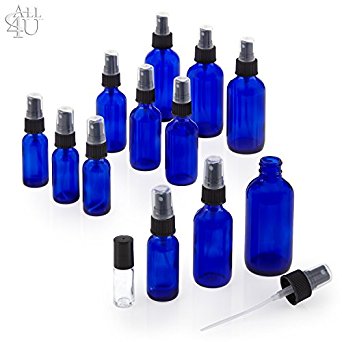 All4you Cobalt Blue Boston Round Bottles with Sprayers Pack of 12 - 1 Oz. 2 Oz. 4 Oz. - 4 of Each   A Free Gift