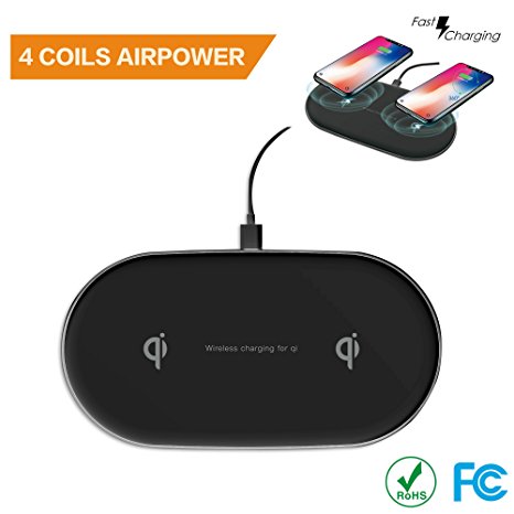 Dual Wireless Charger, 4 Coils Airpower Wireless Charging Pad with Qi-Certified, Fast Charge 2 Devices At Once for Samsung Galaxy and Other Qi Devices, Standard Charging Pad for iPhone X/8/8 Plus
