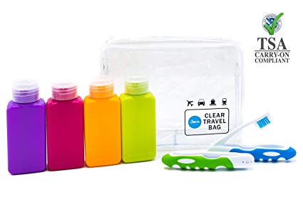 Lingito Travel Bottle Set, Leak Proof Travel Accessories, TSA Carry-On Approved, Refillable Travel Size Toiletries Containers. Bonus Toothbrush and Clear Bag