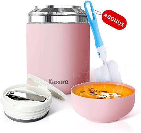 Kitsure 30 oz Thermos Food Jar, Leak Proof Vacuum Insulated Food Container for Hot Food, Stainless Steel Lunch Box for Kids & Adults with Folding Spoon, Compact Design & Maximizing Capacity Pink
