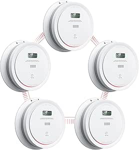 5 Packs Interlinked Smoke Detector Carbon Monoxide Detector Combo, Wireless Interconnected Smoke and Carbon Monoxide Detector with LCD Display & Test/Silence Button,Replaceable Battery