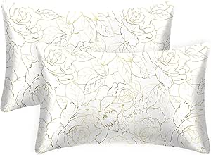 EXQ Home Satin Pillowcase for Hair and Skin Queen - Printed Rose on White Silk Pillowcase 2 Pack 20x30 inches - Satin Pillow Cases Set of 2 with Envelope Closure, Valentines Day Gifts for Women Men