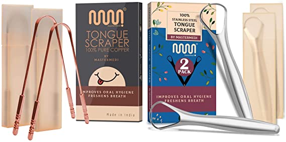 Mastermedi Family Pack Tongue Scrapers Two Medical Grade Stainless Steel and Two Copper Tongue Cleaner