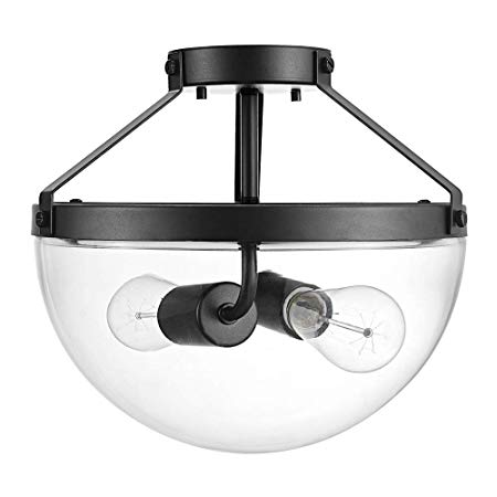 Globe Electric 60323 Belsize 2-Light Semi-Flush Mount Ceiling Light, Dark Bronze, Clear Glass Shade