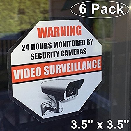 **Front Self Adhesive Vinyl** Outdoor/Indoor (6 Pack) 3.5" X 3.5" Home Business Security DVR CCTV Camera Video Surveillance System Window Door Warning Alert Sticker Decals