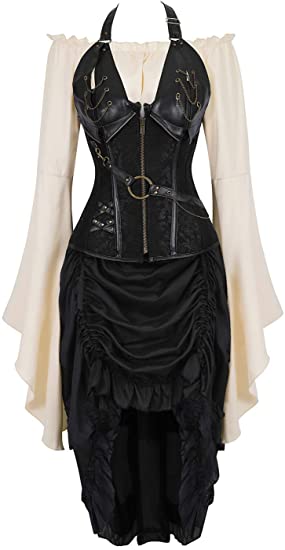 Grebrafan Steampunk Corset Dress 3 Piece Outfits Bustiers with Skirt and Blouse