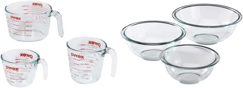 Pyrex 3 Piece Glass Measuring Cup Set, Includes 1-Cup, 2-Cup, and 4-Cup Tempered Glass Liquid Measuring Cups & Prepware 3-Piece Glass Mixing Bowl Set