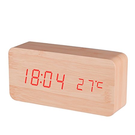 BALDR Wooden Digital Alarm Clock, Displays Time and Temperature, Voice Control, Bamboo, Red Light