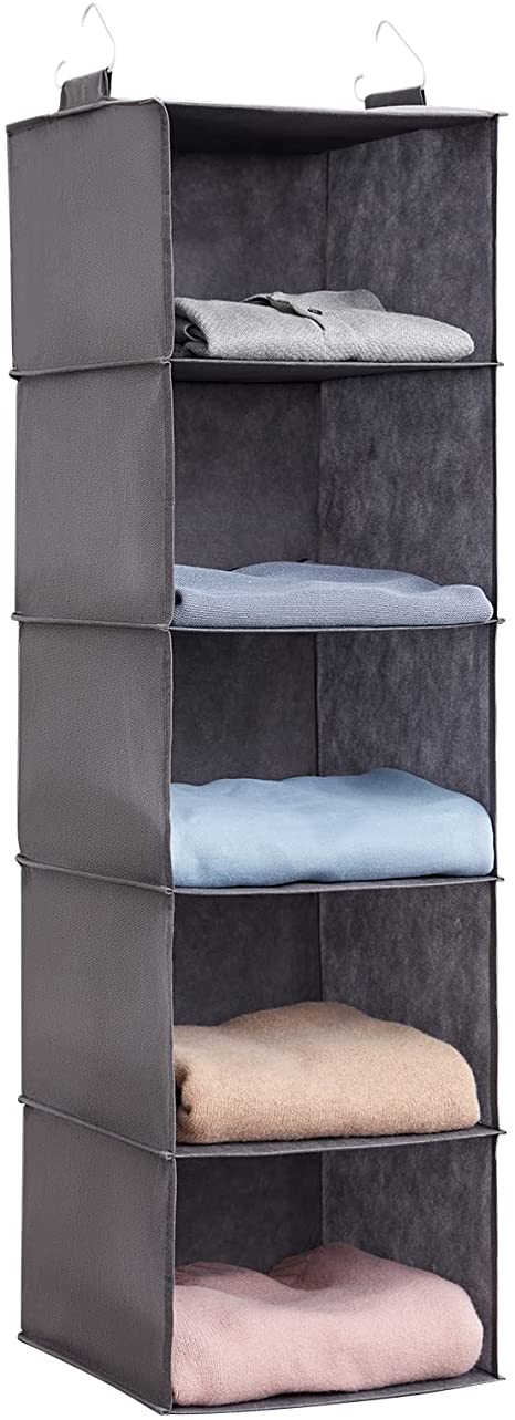 Lifewit 5-Shelf Hanging Closet Organizer with 2 Sturdy Hooks, Closet Hanging Storage Shelves Foldable Hanging Shelf Organizer, Grey