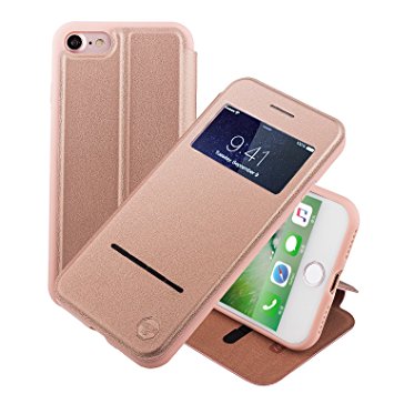 Nouske Swipe Case for iPhone 7 with Stand/Window View/Magnetic Closing/TPU bumper/Flip Full Cover Rose Gold