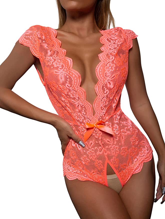 SheIn Women's Floral Lace Scallop Trim Lingerie Bodysuit One Piece Teddy Babydoll