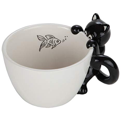 Lily's Home Cute Fishing Black Cat Mug for Coffee and Tea. Ceramic 3D Animal Mug for Cat Lovers