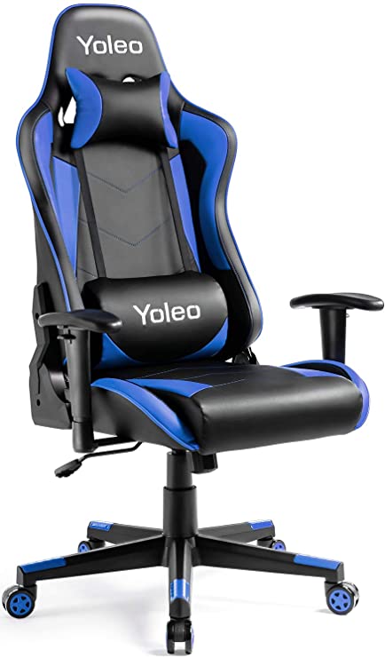 Gaming Chair - Yoleo Ergonomic Office Gaming Chair with Lumbar Support, High Back Computer Gamer Chair Backrest and Height Adjustable, Executive Recliner Swivel Desk Chair Flip Up Arms - Black/Blue