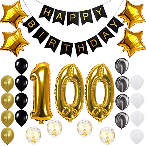 Happy 100th Birthday Banner Balloons Set for 100 Years Old Birthday Party Decoration Supplies Gold Black