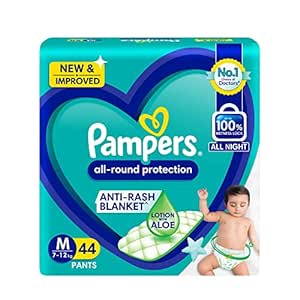 Pampers All round Protection Pants Style Baby Diapers, Medium (M) Size, 44 Count, Anti Rash Blanket, Lotion with Aloe Vera, 7-12kg Diapers