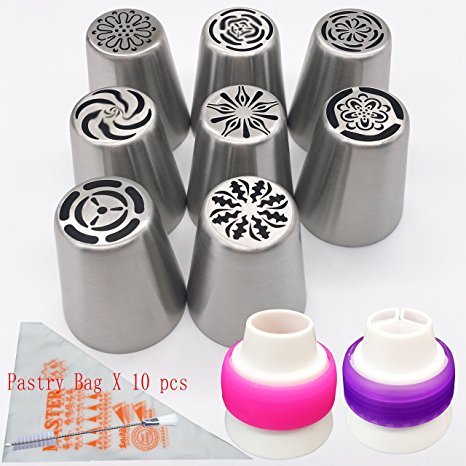 Russian Icing Piping Nozzles Tips 8 Pcs/set, Aixin Stainless Steel Large Size Russian Piping tips   1x Brush   10x Pastry Disposible Bag   2x Coupler Syringe Set Nozzle (8 set/NO.2)