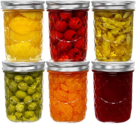 16 Oz Mason Jars Glass Wide Mouth Canning Jars with Airtight Lids & Band, Quilted Crystal Jelly Jars for Jams, Food Storage, Prep, Pickles, Preserves, Overnight Oats, Spices, Salad, Drinking-6 Pack