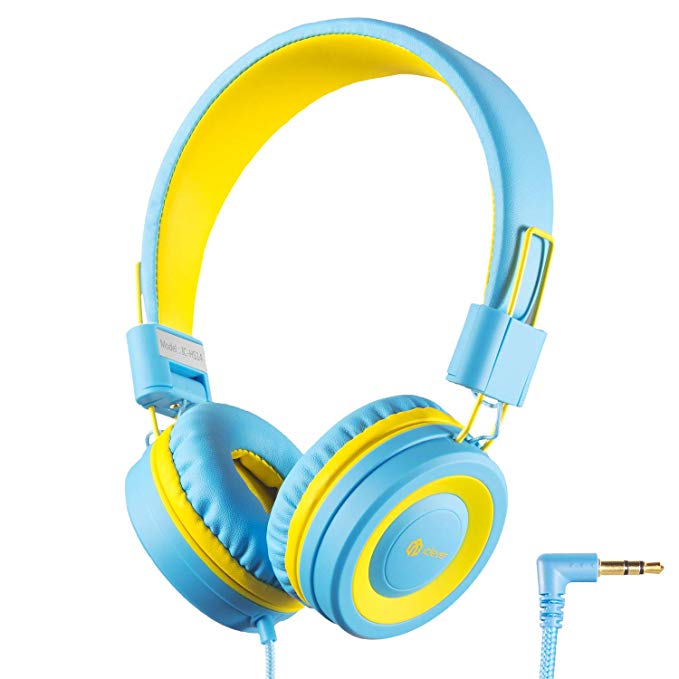 iClever Kids Headphones Girls Toddler - Wired Headphones for Kids on Ear, 94dB Volume Control, Tangle-Free Cord, Foldable, Child's Headphones for iPad Tablet Kindle Airplane School - Blue/Yellow