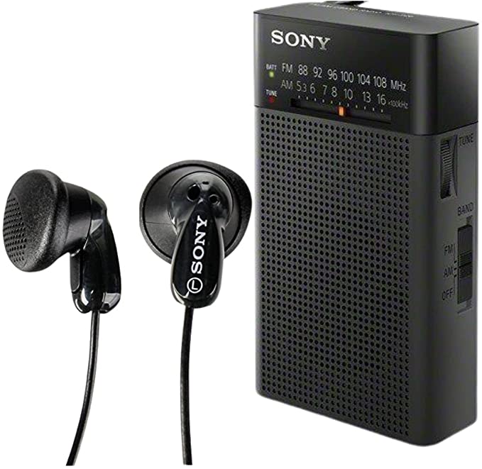 Sony ICFP26 Portable AM/FM Radio Black & Bonus MDR-E9LP Black Stereo Earbuds