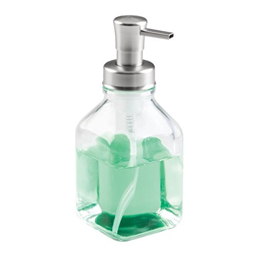 mDesign Foaming Soap Glass Dispenser Pump Bottle for Bathroom Vanities or Kitchen Sink, Countertops - Clear/Brushed