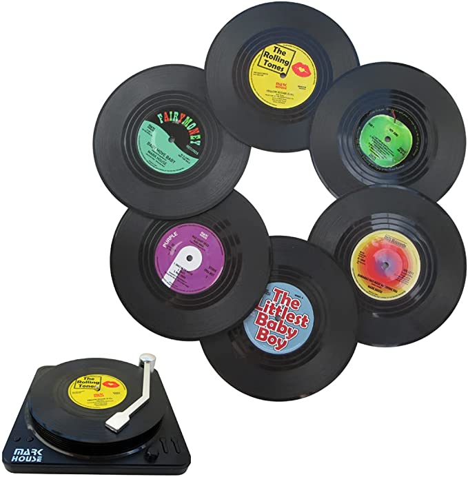 Rob's Home, Music Coasters with Vinyl Record Player Holder, Funny Retro Disk Coasters for Drinks - Set of 6 Drink Coasters for Music Lovers, 4.1 Inc