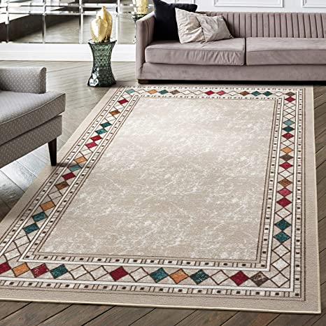 Antep Rugs Alfombras Modern Bordered 8x10 Non-Skid (Non-Slip) Low Profile Pile Rubber Backing Indoor Area Rugs (Beige, 8' x 10')