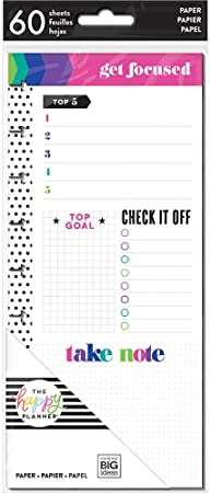 me & my BIG ideas Focus Half Sheets - The Happy Planner Scrapbooking Supplies - 60 Pre-Punched Double-Sided Sheets for Your Planner - Get Focused - Stay Organized, Make Lists - Classic Size