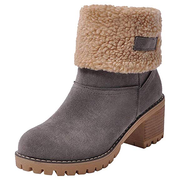 Inornever Women's Winter Short Boots Round Toe Suede Chunky Low Heel Faux Fur Warm Ankle Snow Booties