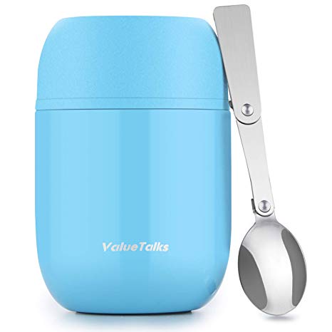 Hot Food Flask Insulated 450ml Stainless Steel Food Jar with Folding Spoon - Light Blue