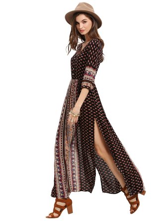 ROMWE Women's Summer Casual Half Sleeve Vintage Print Split Maxi Dress