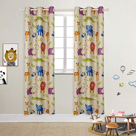 BGment Kids Blackout Curtains for Bedroom - Grommet Thermal Insulated Room Darkening Variety Animal Patterns Printed Curtains for Nursery, Set of 2 Panels (42 x 84 Inch, Beige Zoo)