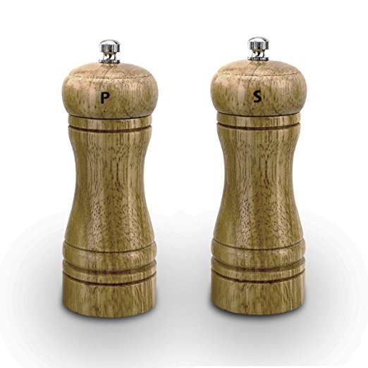 TEEFAN Oak Wooden Refilled Interchangeable Salt & Pepper Grinder Mill Ceramic Grinding Tank and Adjustable Rotor to Put Out Coarse to Fine Consistent Powder, Set of Two, 5 Inch
