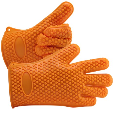 Proteove Silicone Heat Resistant Oven Mitts Gloves for Grilling BBQ Cooking Baking Smoking and Potholder5-Finger Anti Slip GripOne Size Fits Most Pack of 2 Orange
