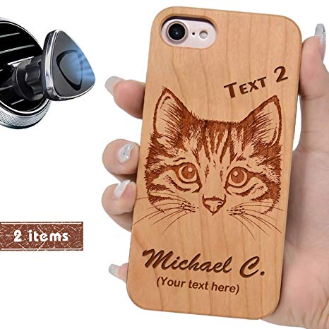 Wood Phone case Compatible with iPhone 8 7 6/6S Plus (ONLY) and Magnetic Mount-iProductsUS Customized Cases Engraved Cat and Your Name, Built-in Metal Plate, TPU Rubber Shockproof Cover (5.5")