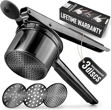Zulay Large 13.5oz Potato Ricer with 3 Interchangeable Discs - Heavy Duty Stainless Steel Potato Masher - Ricer Kitchen Tool with Non-Slip Handle - Spaetzle Maker Press (Black Metal)